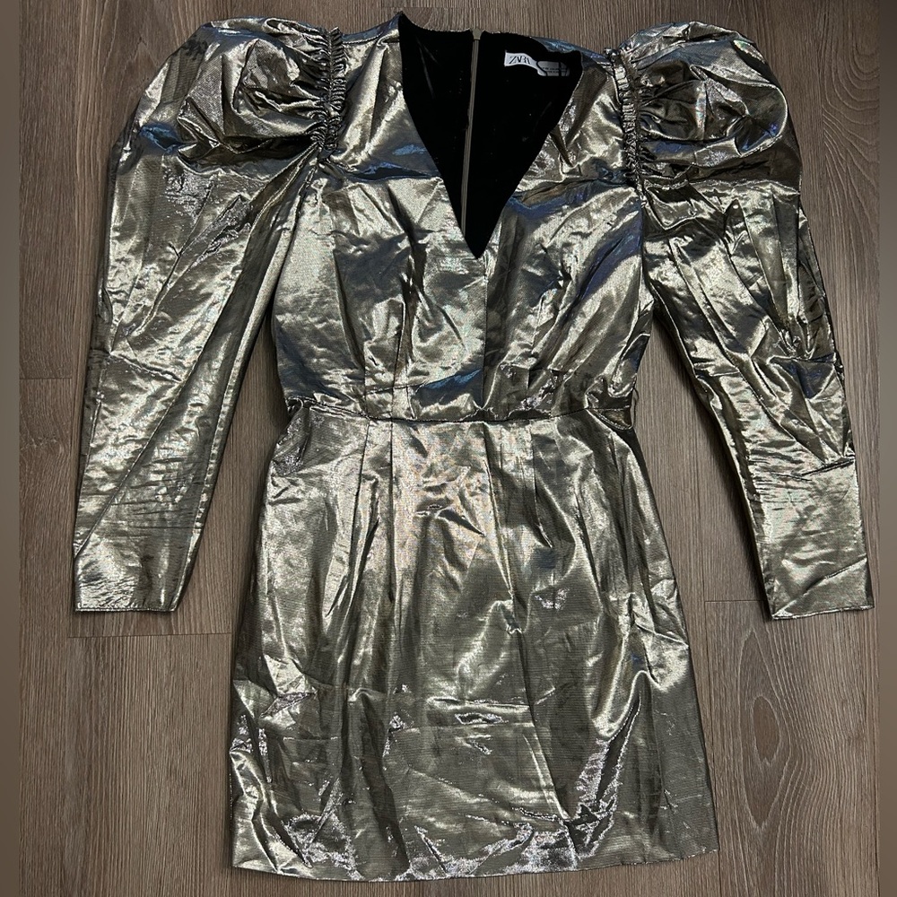 Zara Shimmering Silver Long Sleeve Dress